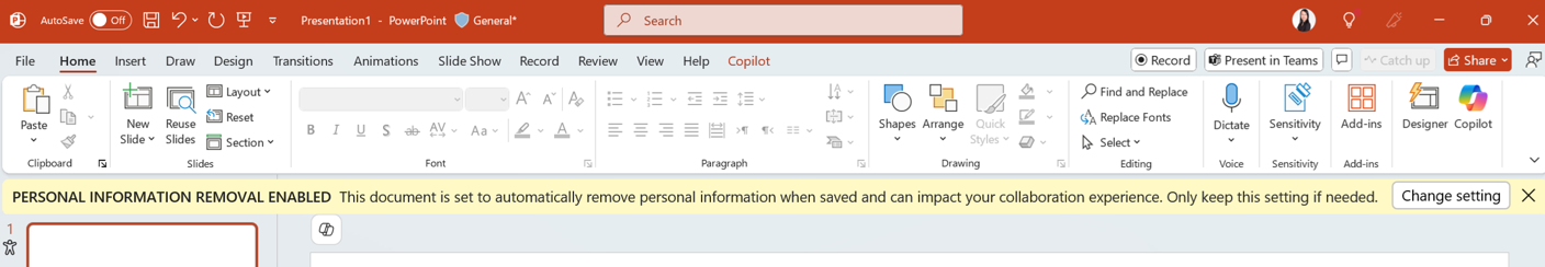 The Personal Information Removal Enabled notification in PowerPoint app