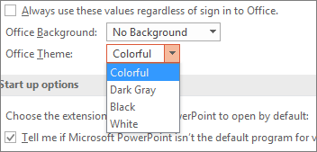 Shows Office Theme options in PowerPoint 2016