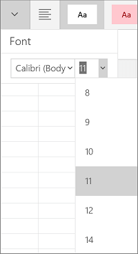 Font size menu in Excel for Windows Mobile