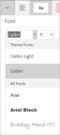Font menu in Excel for Windows Mobile