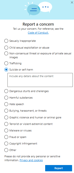 Screenshot of the Report abuse dialog box in OneDrive