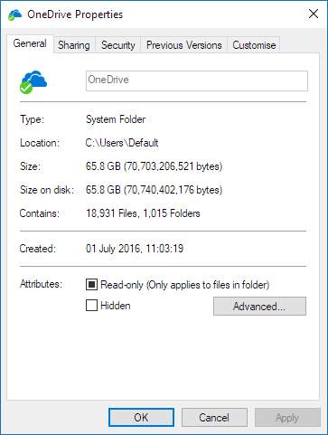 OneDrive Properties dialog in Windows, with the Contains field showing the number of files and folders in the selected OneDrive folder.