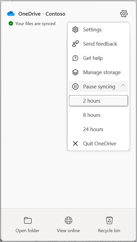 Pause syncing duration options in the OneDrive menu