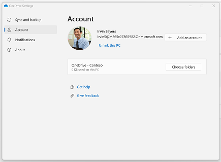 OneDrive Account settings with the Choose folders button