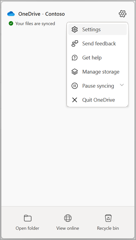 Settings option in the OneDrive menu