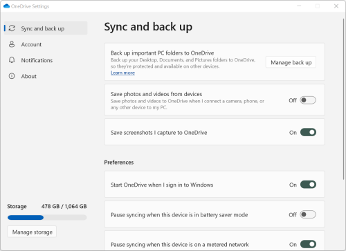 OneDrive settings in Windows with Sync and back up selected, showing folder backup, photo and screenshot options, and startup preferences.