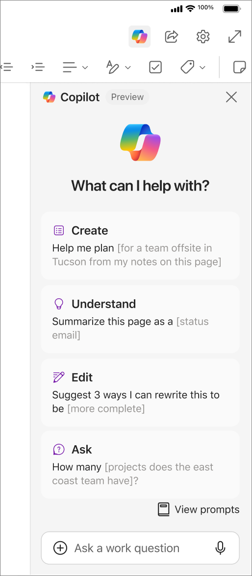 Accessing the Copilot button in OneNote for iOS