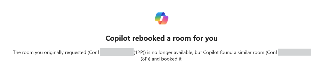 Example of a Copilot rebooked a room for you confirmation identifying the original and replacement rooms.