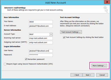 Internet E-mail Settings with IMAP account details and the More Settings button highlighted.