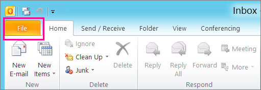 Classic Outlook ribbon with the File tab highlighted.