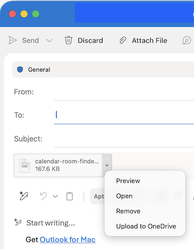 Attach file dropdown options in Outlook for Mac
