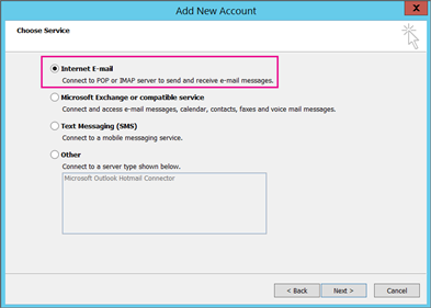 Add New Account dialog with Internet E-mail selected.