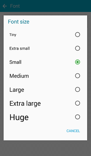 List of font size selections