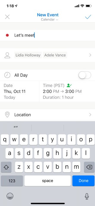 Shows an email on a mobile screen. The invitees are listed, along with the meeting day and time. There’s an option for location also.