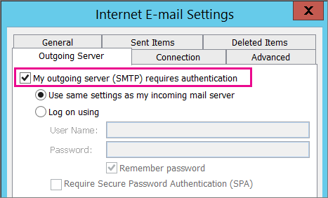 Outgoing Server settings with My outgoing server (SMTP) requires authentication selected.