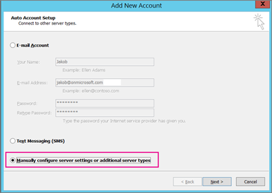 Add New Account dialog with Manually configure server settings or additional server types selected.