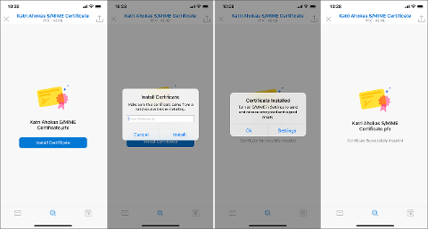 Shows a certificate being installed on a mobile device screen.