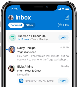 Shows an inbox on a mobile screen. An alert at the top says there’s a meeting in 12 minutes.