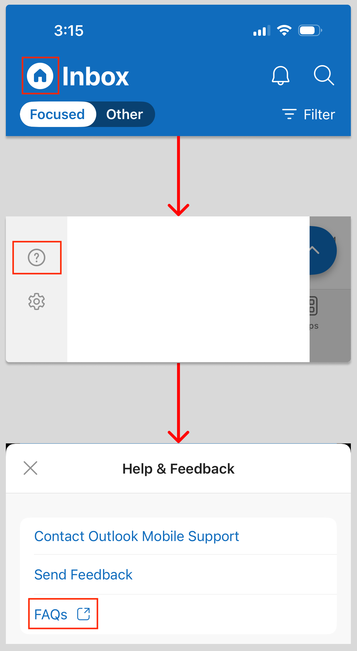 This image reveals how to get to the FAQ settings in Outlook for iOS.