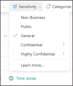 Sensitivity menu with General selected and additional label choices.