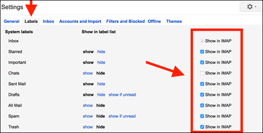 The Google settings to enable folders to work in Outlook Mobile.