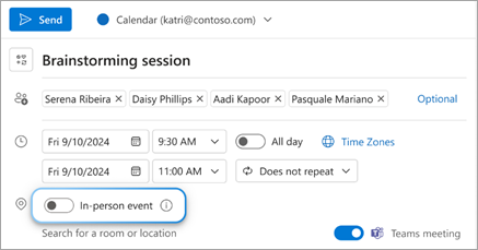 Turn the In-person event toggle on to display to recipients the meeting is happening in person.