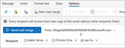 Start Mail Merge with recipients. Every recipient will receive their own copy of the email without other recipients listed.