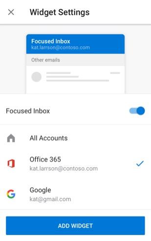 Android widget settings with Focused Inbox enabled and an Office 365 account selected.