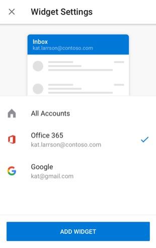 Android widget settings with an Office 365 account selected and no Focused Inbox option.