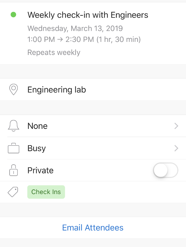 Event details showing the green Check Ins category label.