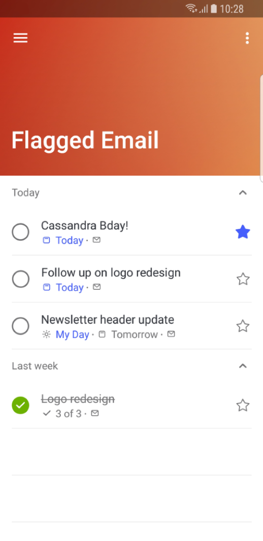You can view your flagged email as to do items in Outlook Mobile
