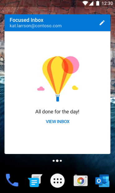 Outlook Android widget showing All done for the day and the View Inbox link.