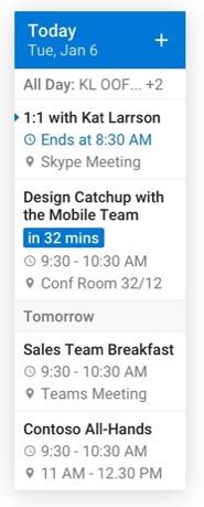 Outlook calendar widget in a narrow single-column layout.