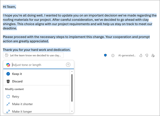 Shows the New Outlook mail page with a draft created by Outlook. Below the draft are options to keep, discard, or change the draft.