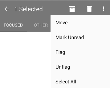 Dropdown list shows these options: Move, Mark Unread, Flag, Unflag, Select All.