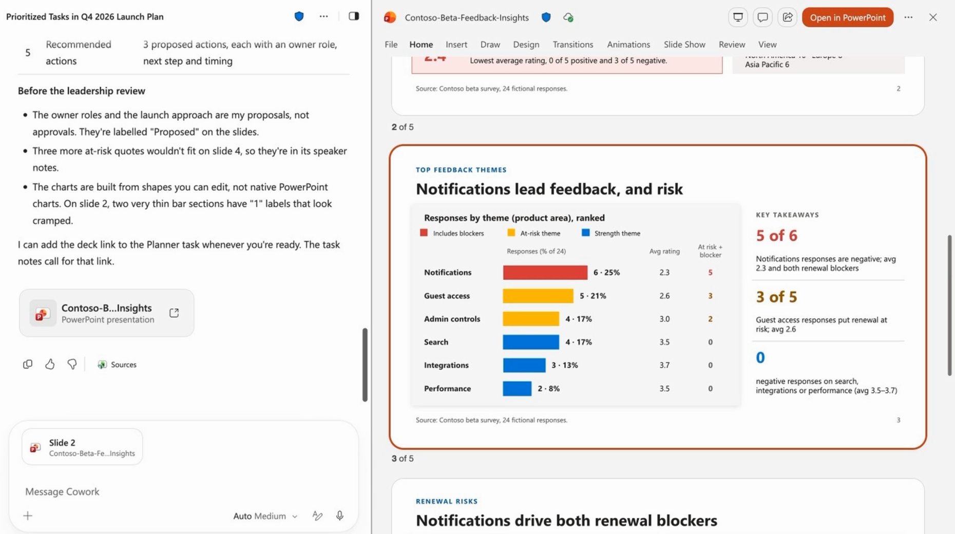 Cowork response with a finished PowerPoint deck for review and an offer to add the deck link to the Planner task.