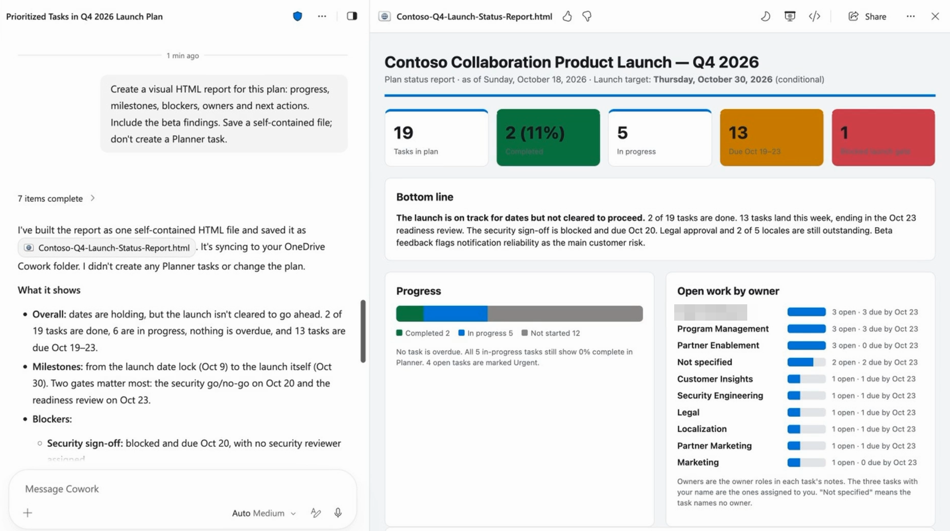 Plan status report created by Cowork showing task counts, progress, a summary, and open work by owner.