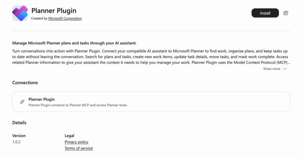 Planner Plugin details page, created by Microsoft Corporation, with the Install button.