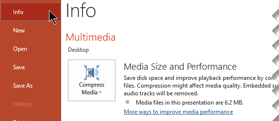 Compress Media command on the PowerPoint Info page