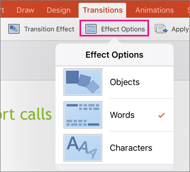Effect Options menu with Objects, Words, and Characters choices on iPad