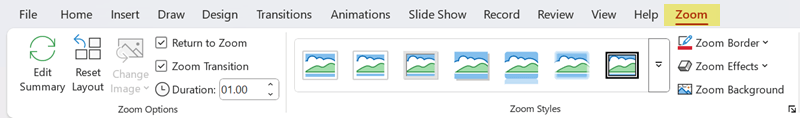 Zoom tab with Zoom Options and Zoom Styles groups