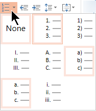 Gallery of numbered list styles in PowerPoint Online