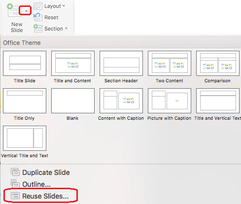 The New Slide menu includes a Reuse Slides command.
