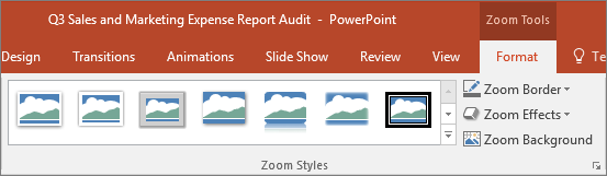 Shows different Zoom Styles and effects you can choose in the Format tab in PowerPoint.