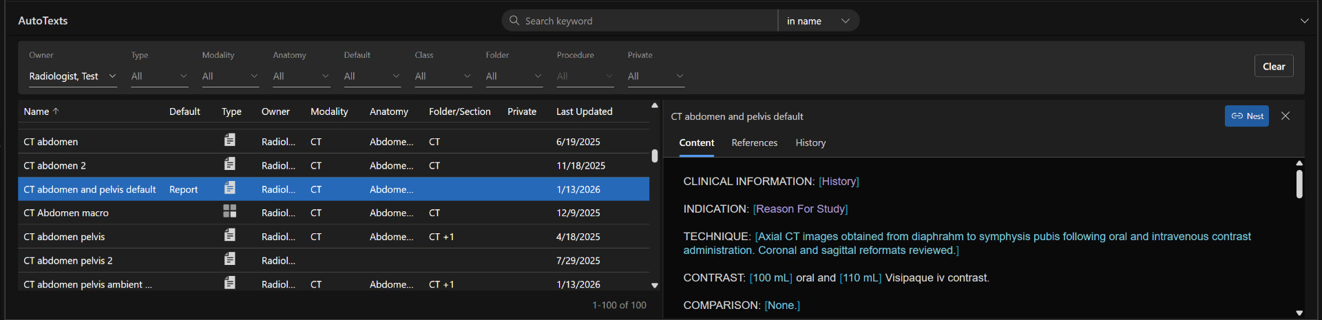 Image displaying the search grid and filter pane in AutoText Editor.