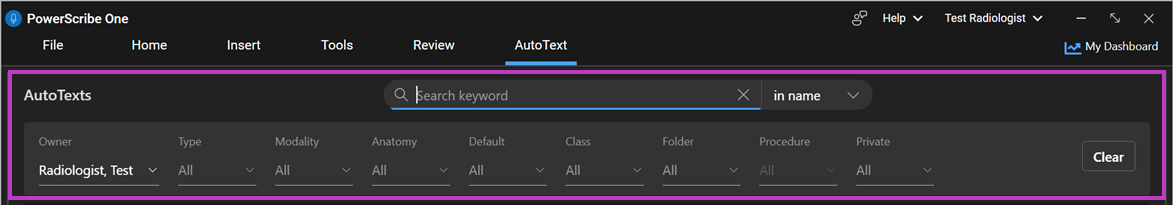 Image highlighting AutoText search keywords and filters.