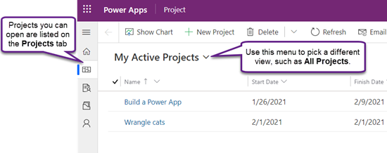 The Projects tab in Project Power App, displaying the My Active Projects view