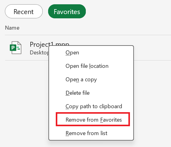 Screenshot that shows the Remove from Favorites option.