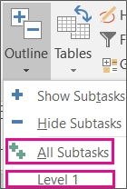 Screenshot that shows the Level option for subtasks