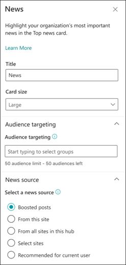 Screenshot displaying the properties pane for the News card.